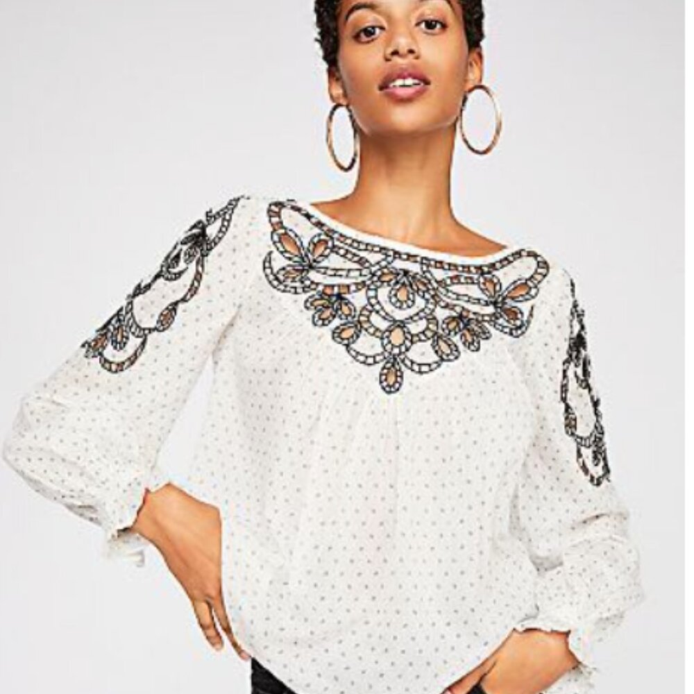 Free People Everything I Know Embroidered Ivory Peasant Top
